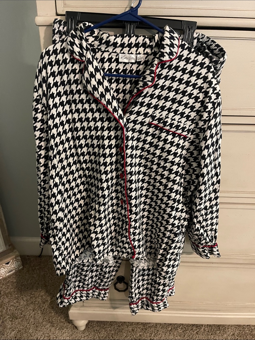 Kim Rogers Black and White Houndstooth Pajama Set with Red Piping